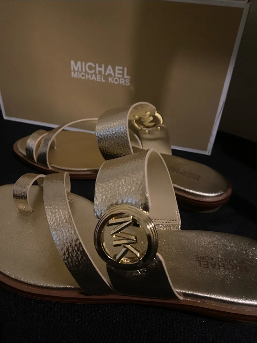 Michael Kors Gold Leather Slide Sandals with MK Logo